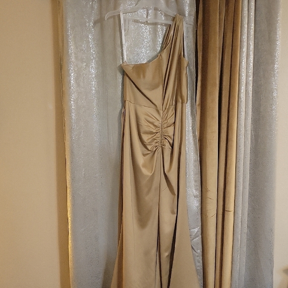 Signature Gold Ruched One Shoulder Gown - Picture 4 of 5